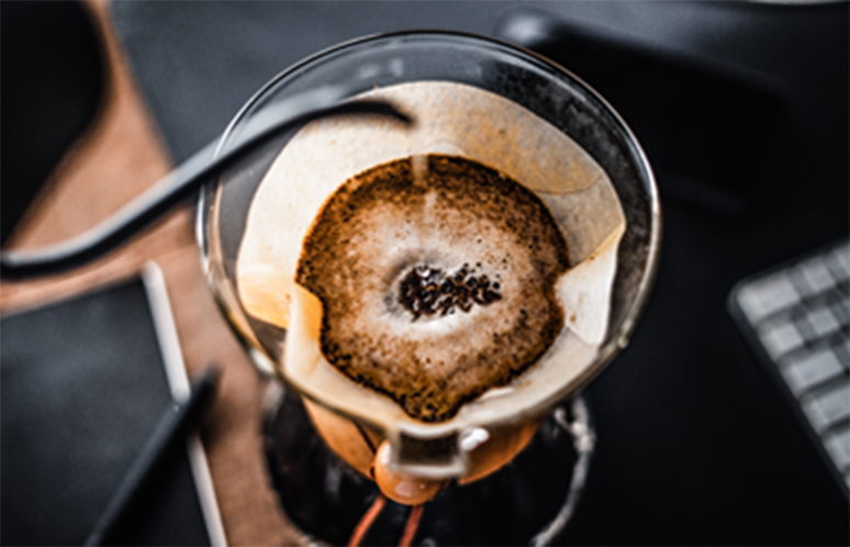 Coffee chemex pour over coffee maker and drip kettle in home office desk