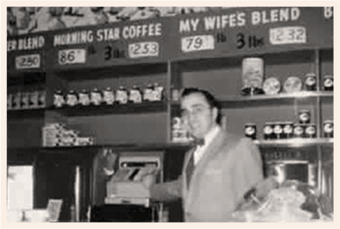 Black and white image of Nicholas Coffee & Tea Co's inside of the store in 1950.