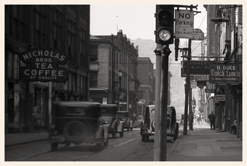 Black and white image of Nicholas Coffee & Tea Co's inside of the store in 1950.